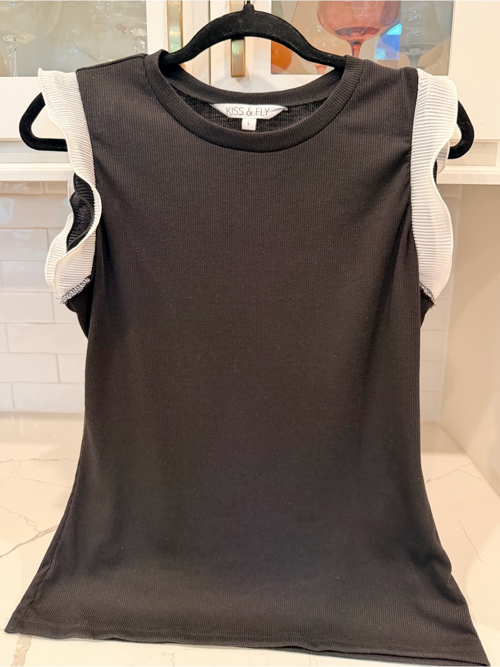 Black Sleeveless Ruffle-Shoulder Tank